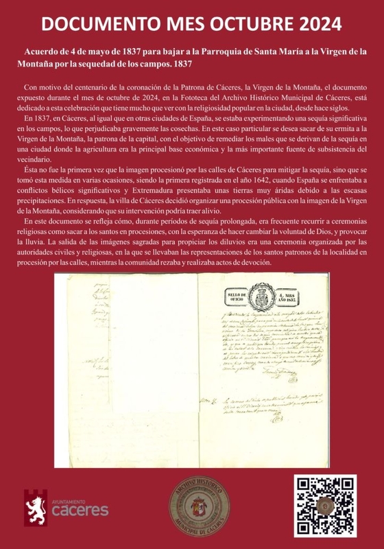 La concejalía de Cultura expone, dentro del programa ‘Documentos del mes’, un acuerdo de 1837 para bajar a la Virgen de la Montaña por la sequía