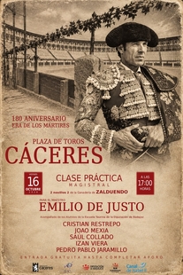 El Ayuntamiento anima a acudir a la clase práctica magistral con Emilio de Justo por el 180 aniversario de la plaza de toros de Cáceres